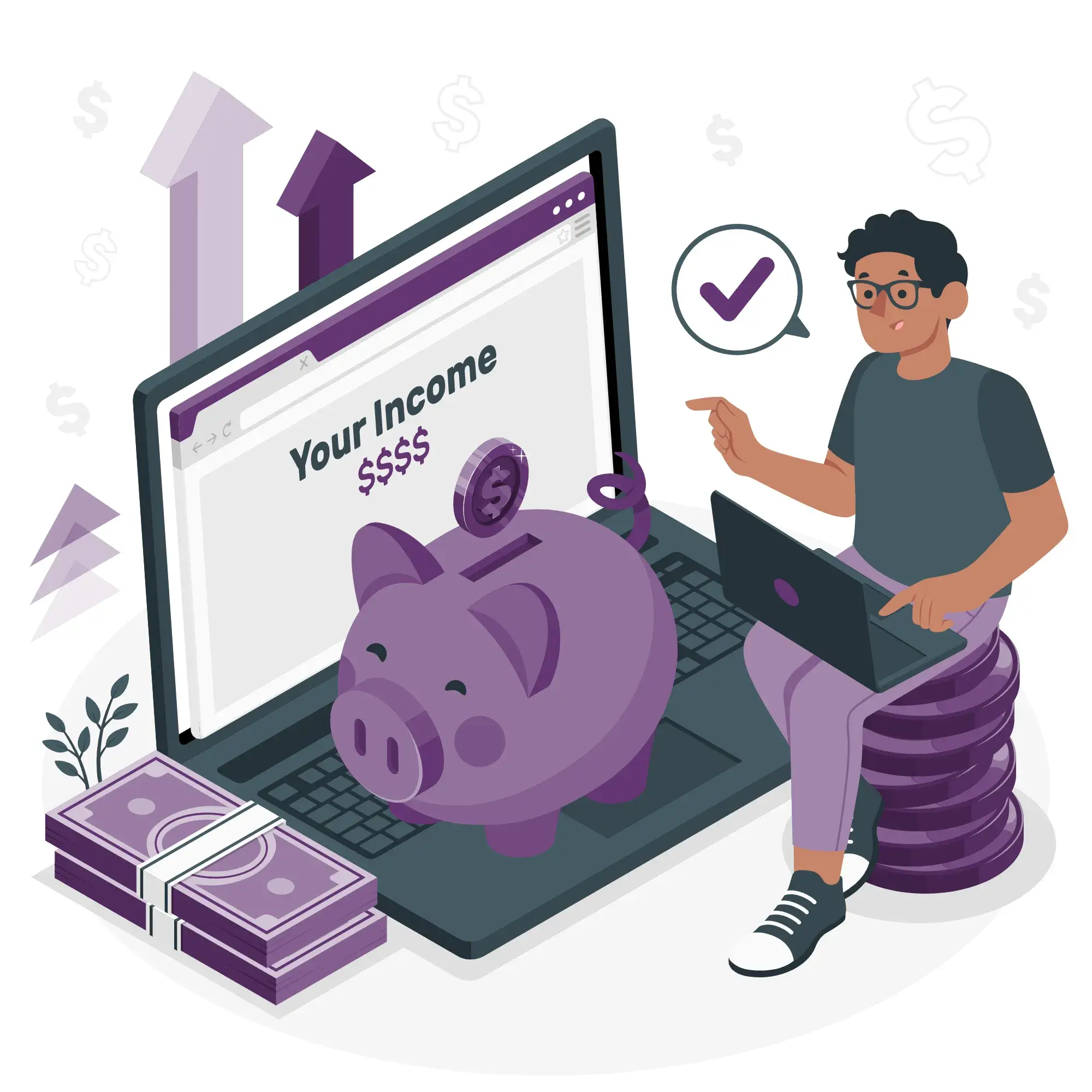 Desenho de um menino sentado em cima de moedas, com um notebook e um porquinho de moedas ao lado