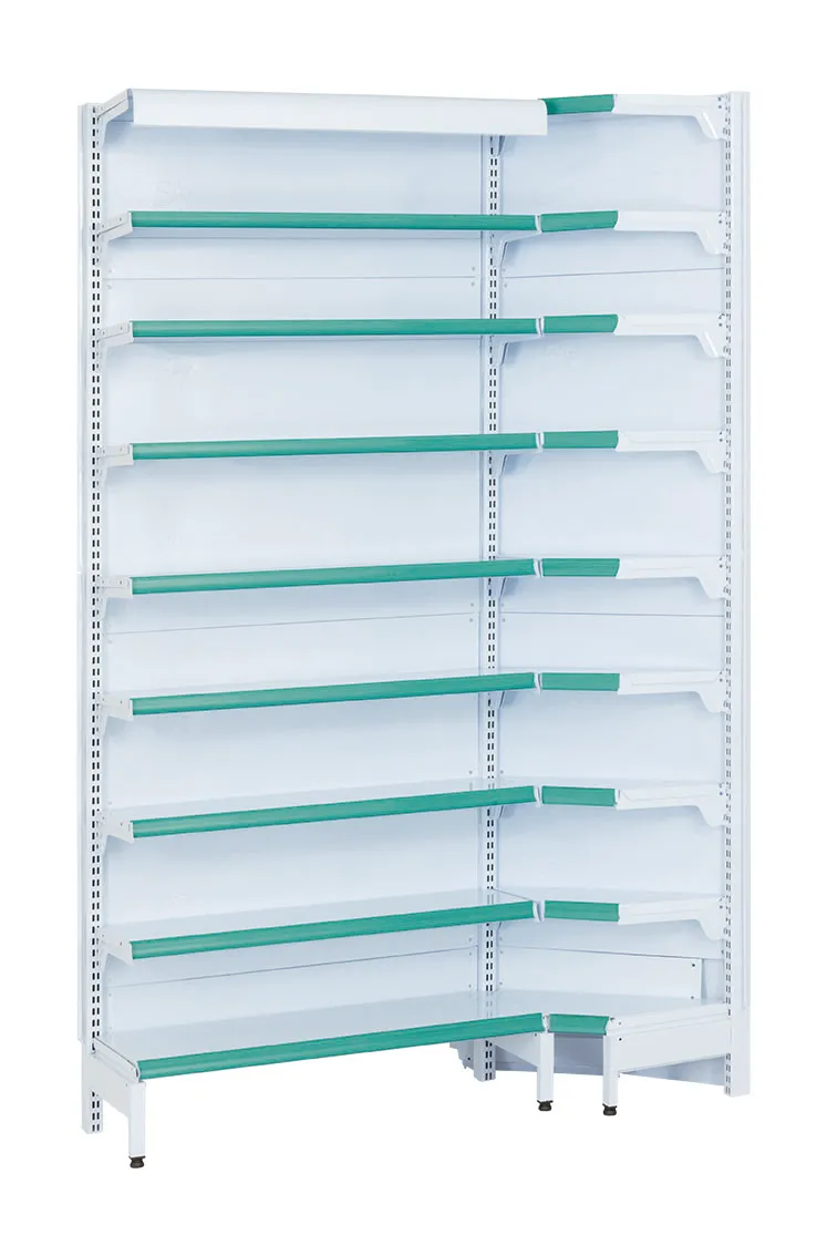 Gôndola Farmácia Parede Branca com Testeiras Verdes