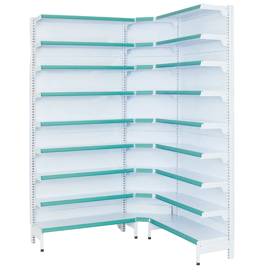 Gôndola Farmácia Canto Interno Branca com Testeiras Verdes