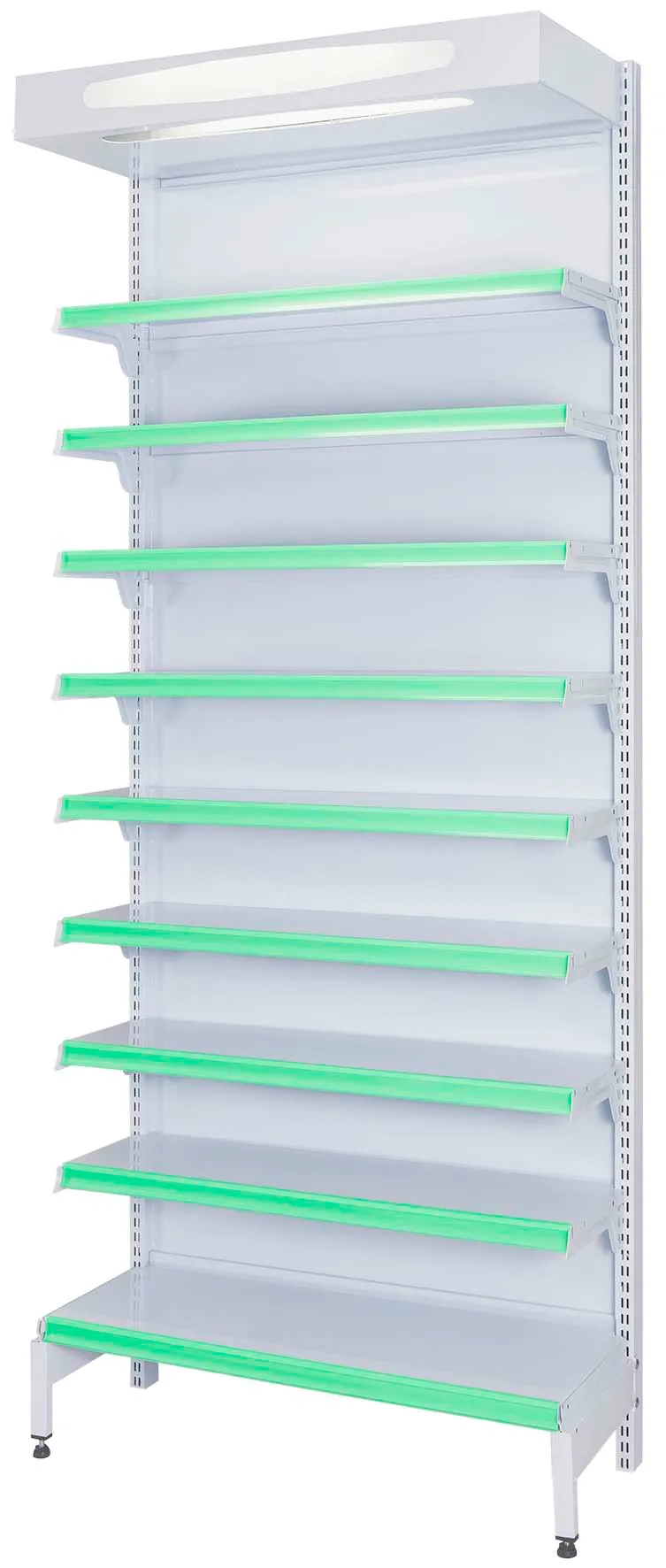 Gôndola Farmácia Parede com Iluminação e Testeiras Verdes