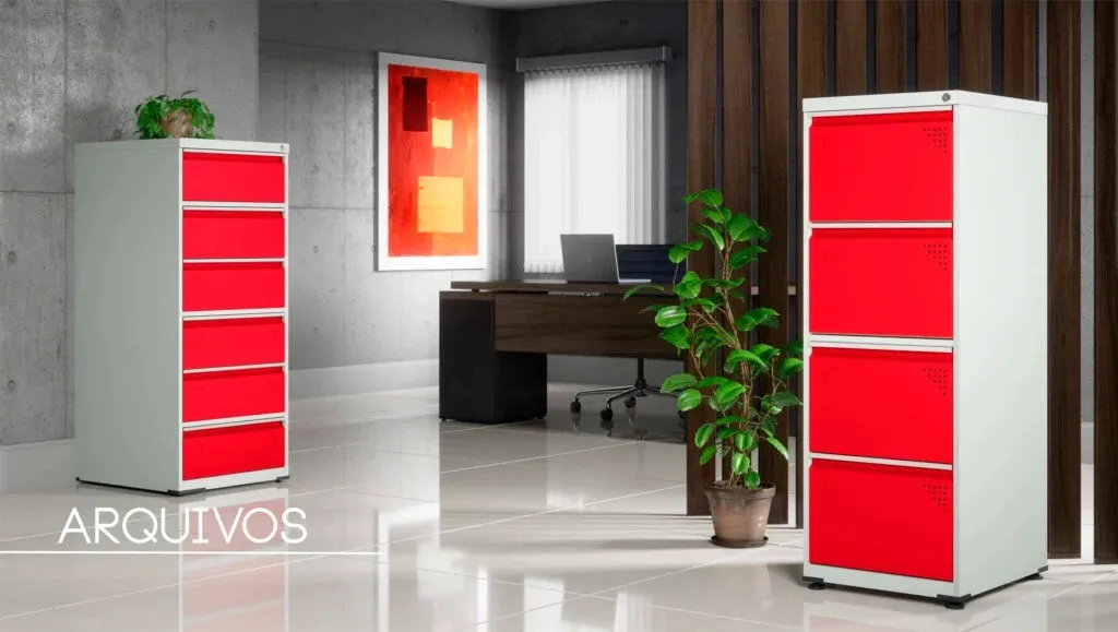 Arquivo de Aço com 4 Gavetas Vermelho e Branco para Escritório