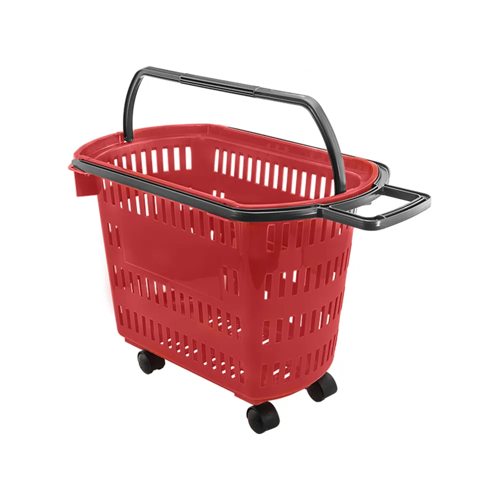 Cesta Plástica Vermelho com Rodízios e Alça Retrátil