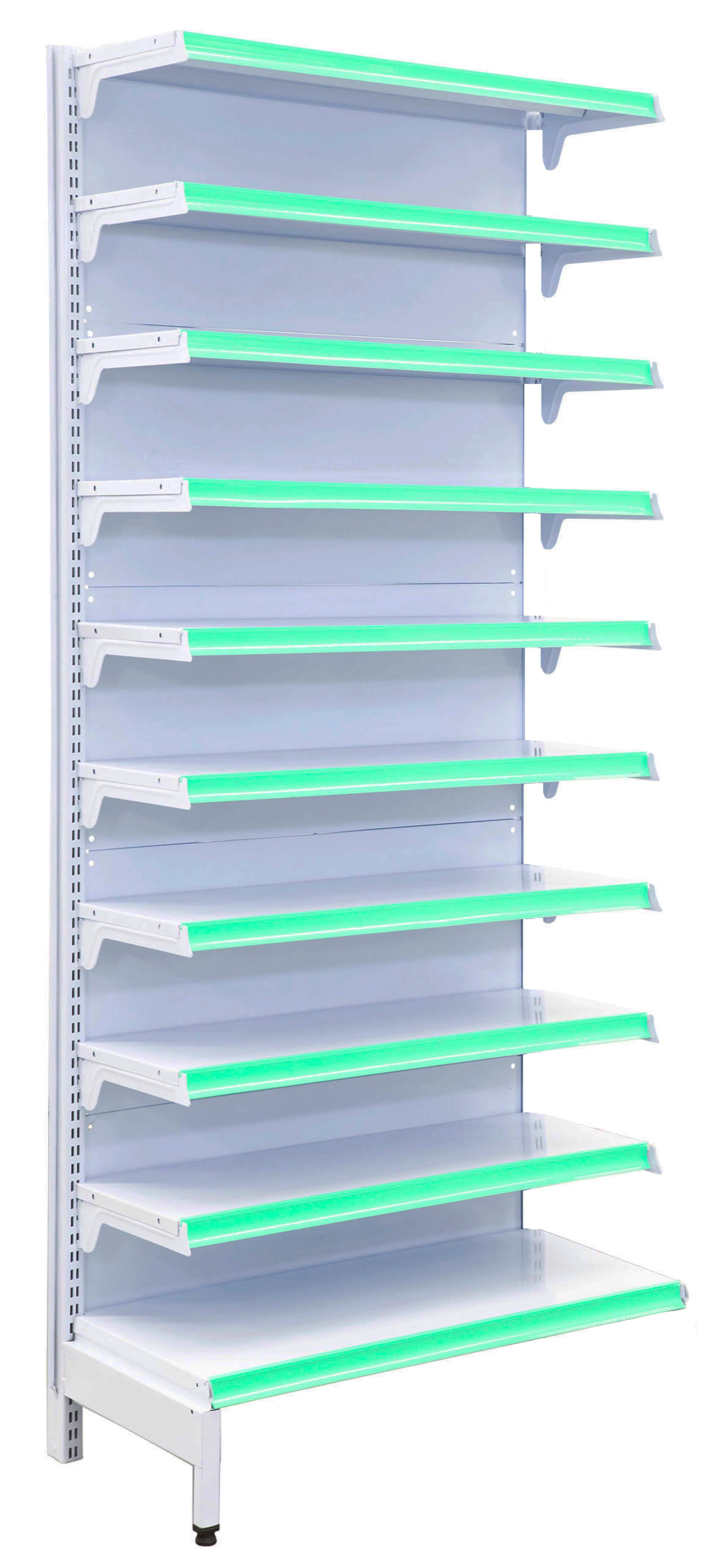 Gôndola Farmácia Parede Alta Branca com Testeiras Verdes