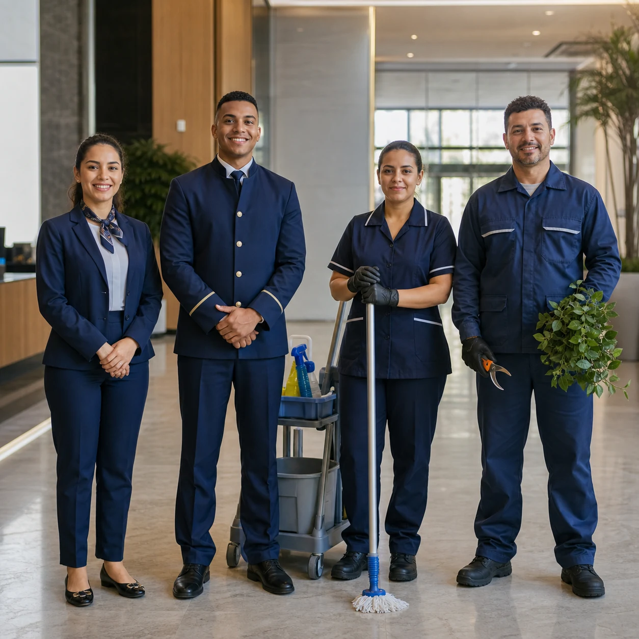 Equipe de profissionais terceirizados de recepção, portaria, limpeza e jardinagem da VN